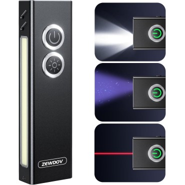Zewdov 1300LM EDC Pocket Flashlight, 5-in-1 (Spotlight/UV/Red Beam/Floodlight/Red LED) Rechargeable Magnetic/Clip Flat Flashlight for Outdoor/Emergency/Work/Pet Urine