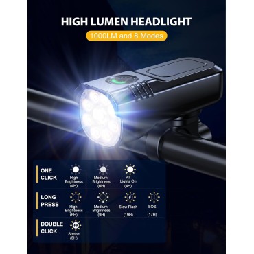 Zewdov 1000 Lumens Super Bright Bike Lights for Night Riding, 8+7 Modes Sturdy Aluminum Alloy Bicycle Lights Front and Rear, IP65 Waterproof & Rechargeable 9 LED Bike Headlight for Cycling Electronic