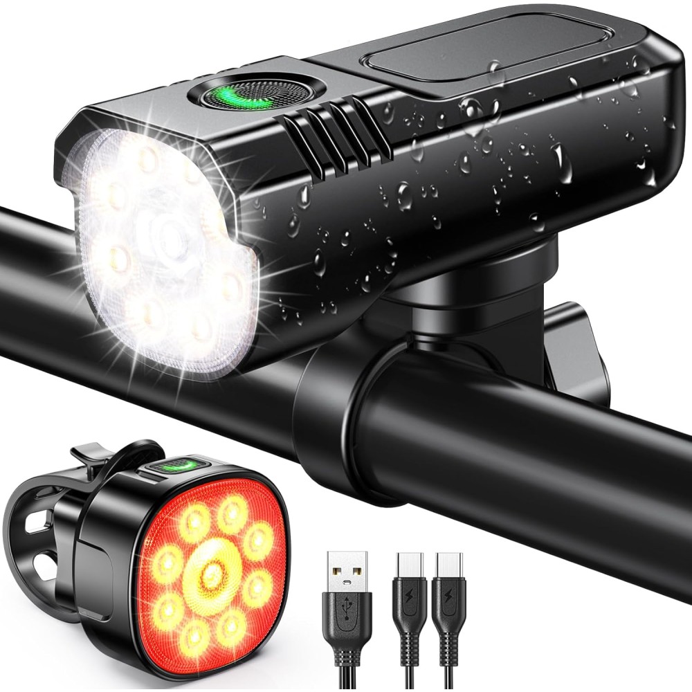 Zewdov 1000 Lumens Super Bright Bike Lights for Night Riding, 8+7 Modes Sturdy Aluminum Alloy Bicycle Lights Front and Rear, IP65 Waterproof & Rechargeable 9 LED Bike Headlight for Cycling Electronic