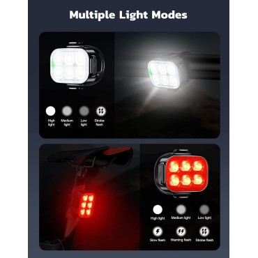Zewdov Bike Lights for Night Riding, USB Rechargeable Bike Lights Front and Back, Waterproof IP65 Bicycle Light, 4+6 Modes Bike Headlight and Tail Light Set,1.5 Hrs Fast Charging, Easy to Install-2 sets