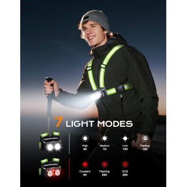 Zewdov 800LM Ultra Bright Running Lights for Runners, 7 Modes & 360° Reflective Running Vest, IPX4 Waterproof, 45° Adjustable Rechargeable Running Light for Walking/Hiking/Cycling/Working/Jogging