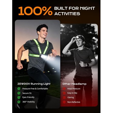 Zewdov 800LM Ultra Bright Running Lights for Runners, 7 Modes & 360° Reflective Running Vest, IPX4 Waterproof, 45° Adjustable Rechargeable Running Light for Walking/Hiking/Cycling/Working/Jogging