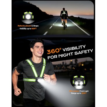Zewdov 800LM Ultra Bright Running Lights for Runners, 7 Modes & 360° Reflective Running Vest, IPX4 Waterproof, 45° Adjustable Rechargeable Running Light for Walking/Hiking/Cycling/Working/Jogging