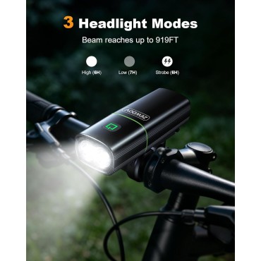 Zewdov 1200LM Bike Lights for Night Riding with 2 Ultra Bright LED, 2600mAh USB Rechargeable Bike Light, 3+5 Modes & IP65 Waterproof Bicycle Lights Front and Rear for Men Women Kids Road Mountain