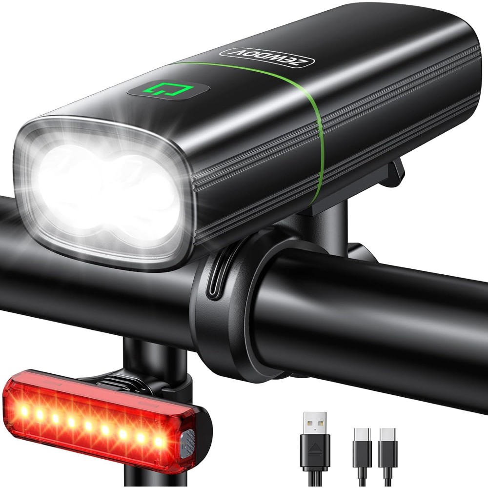 Zewdov 1200LM Bike Lights for Night Riding with 2 Ultra Bright LED, 2600mAh USB Rechargeable Bike Light, 3+5 Modes & IP65 Waterproof Bicycle Lights Front and Rear for Men Women Kids Road Mountain