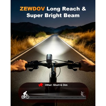 Zewdov 1200LM Bike Lights for Night Riding with 2 Ultra Bright LED, 2600mAh USB Rechargeable Bike Light, 3+5 Modes & IP65 Waterproof Bicycle Lights Front and Rear for Men Women Kids Road Mountain