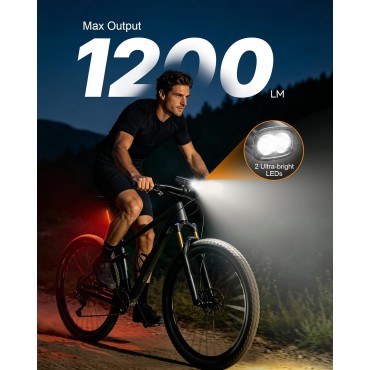 Zewdov 1200LM Bike Lights for Night Riding with 2 Ultra Bright LED, 2600mAh USB Rechargeable Bike Light, 3+5 Modes & IP65 Waterproof Bicycle Lights Front and Rear for Men Women Kids Road Mountain